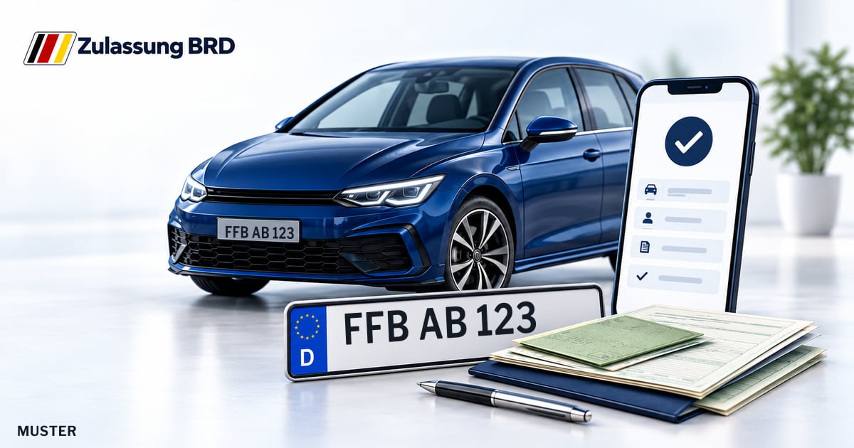 Online Fahrzeugzulassung in Fürstenfeldbruck: Musterkennzeichen FFB AB 123, Auto und Fahrzeugpapiere und Smartphone. Illustration mit Logo von Zulassung BRD.